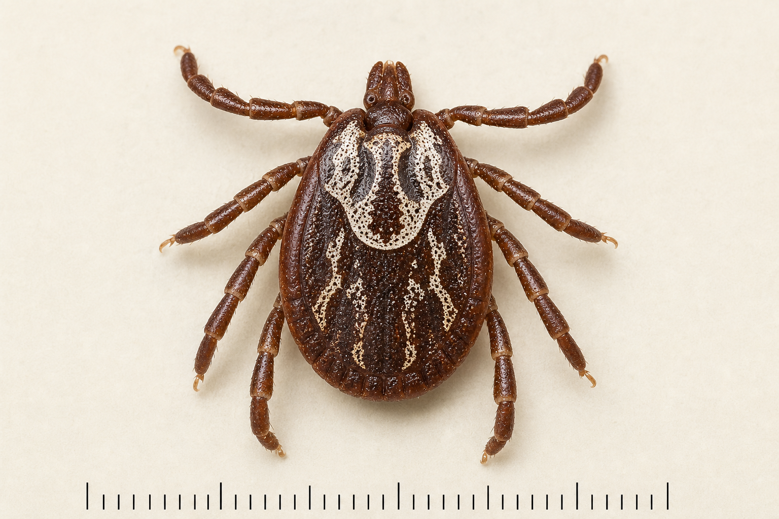 Macro photo of an unfed adult american dog tick with a millimeter scale