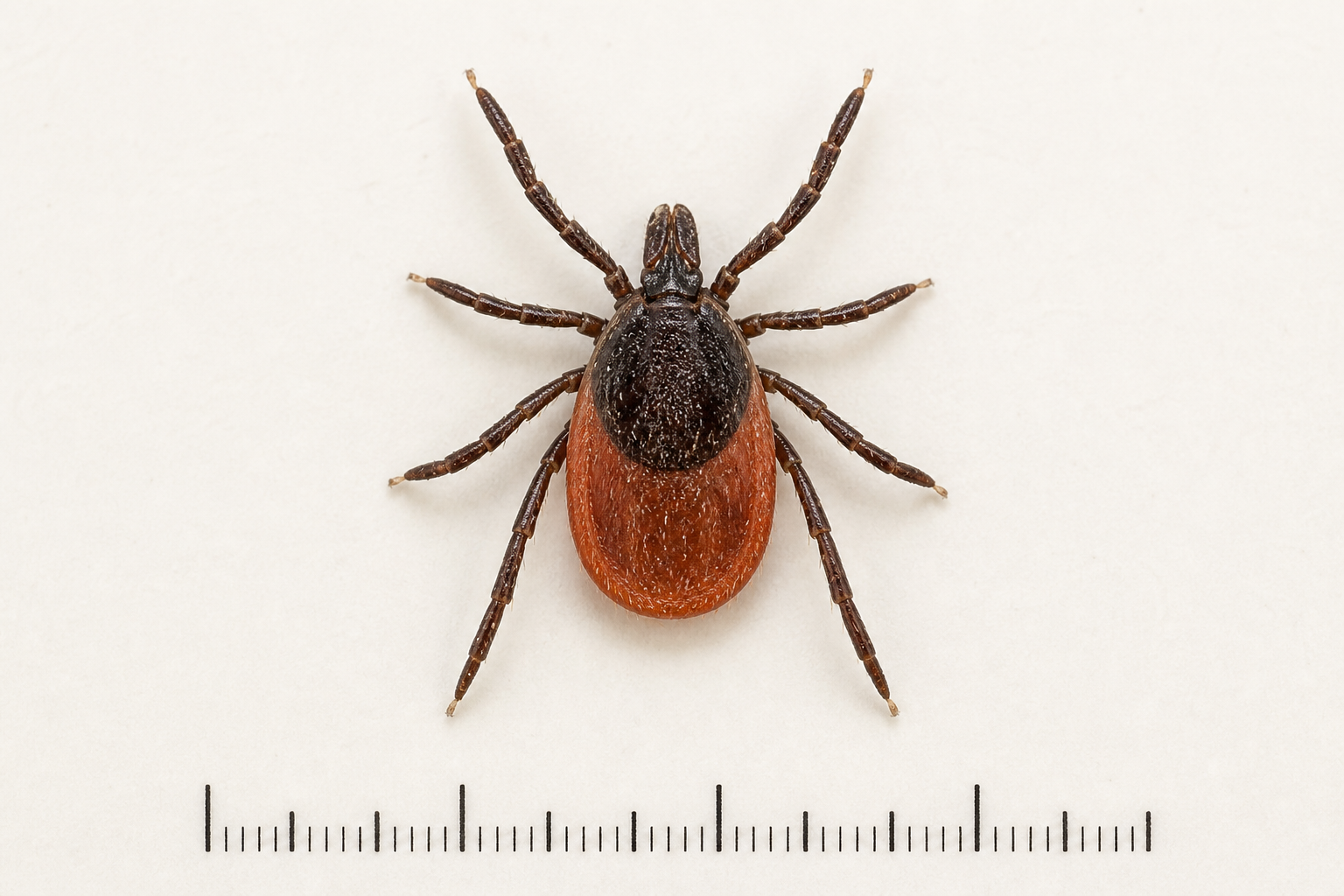 Macro photo of an unfed adult blacklegged tick with a millimeter scale