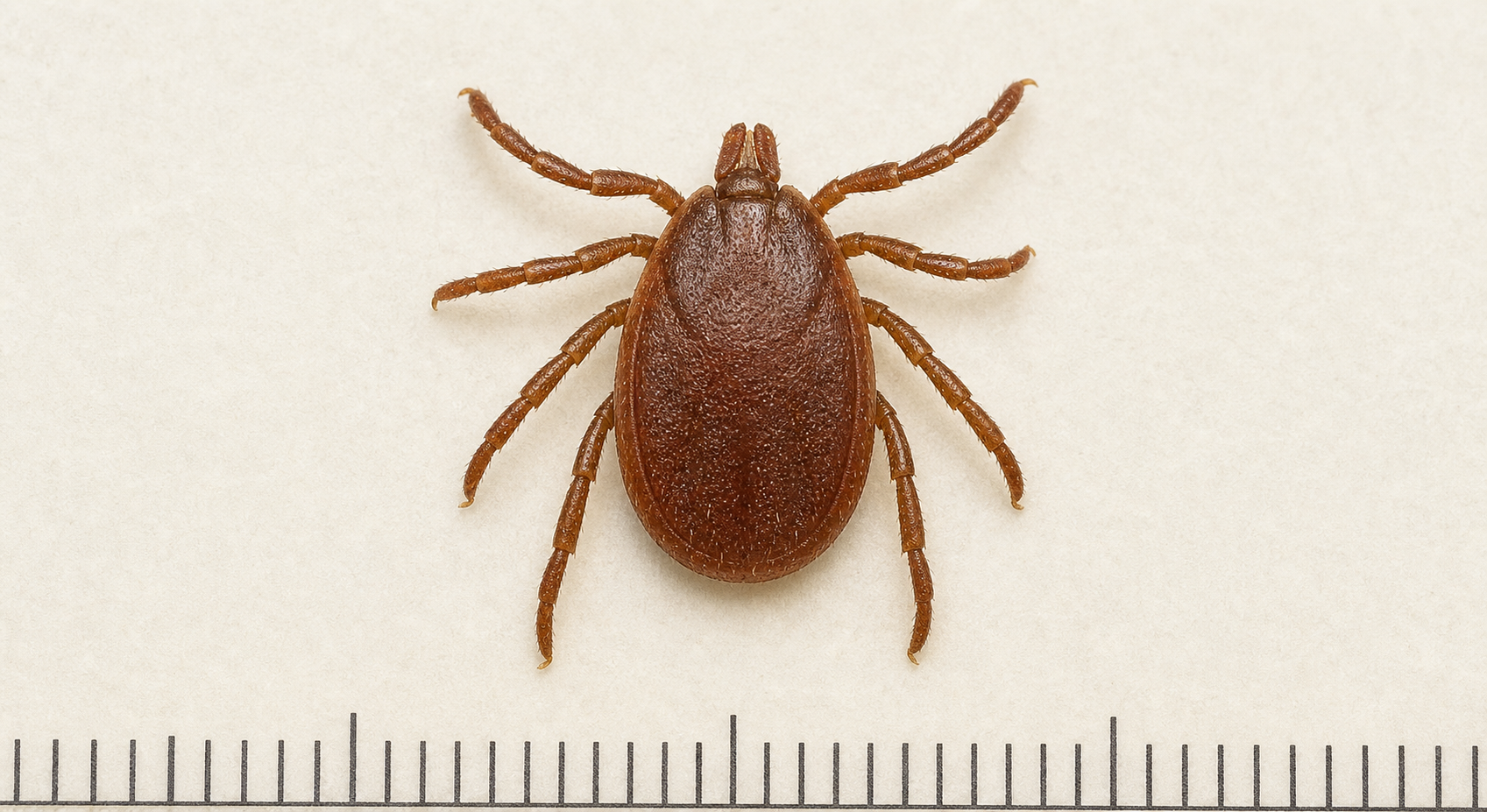 Macro photo of an unfed adult brown dog tick with a millimeter scale