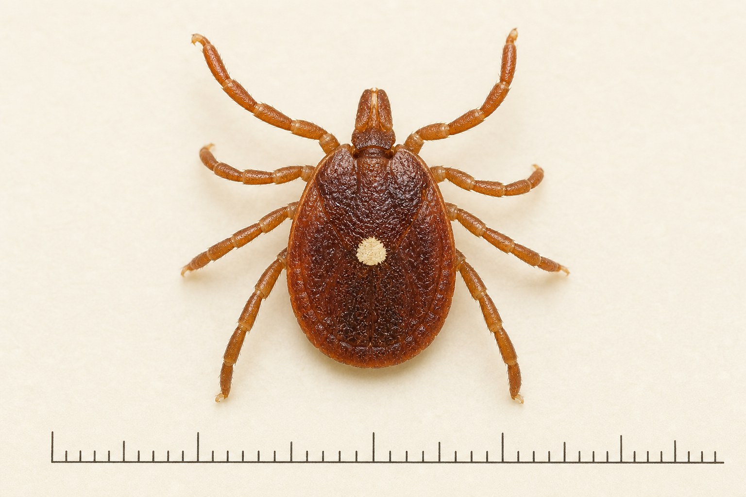 Macro photo of an unfed adult lone star tick with a millimeter scale