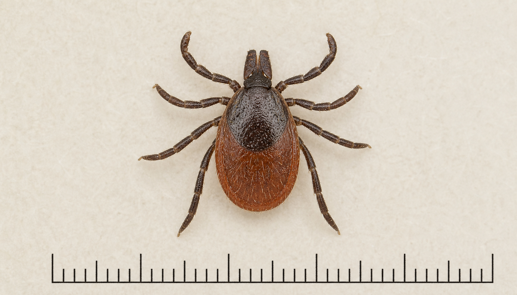 Macro photo of an unfed adult western blackleg tick with a millimeter scale
